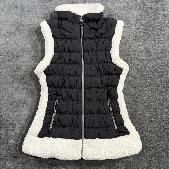 Calvin Klein Womens Performance Black Puffer Vest White Sherpa Lining Size Small - Picture 1 of 11
